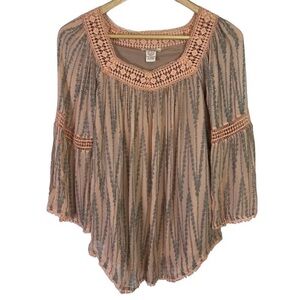 Sundance Crochet Blouse, Peach & Gray Square Neckline 3/4 Bell Sleeve Top, Small